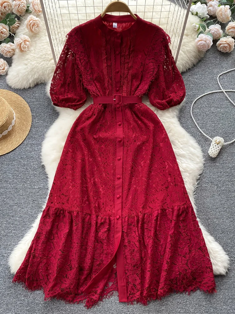 

Summer Women Lace Party Long Dress Vintage Round Neck Short Puff Sleeve Single Breasted Maxi Robe Elegant Vestidos Female New