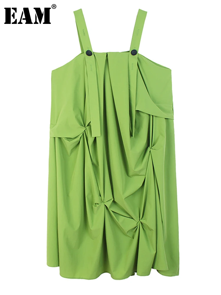 

[EAM] женское зеленое плиссированное платье большого размера, длинное платье на бретелях, новое свободное платье без рукавов с квадратным воротником, весна-лето 2023 1DF7238