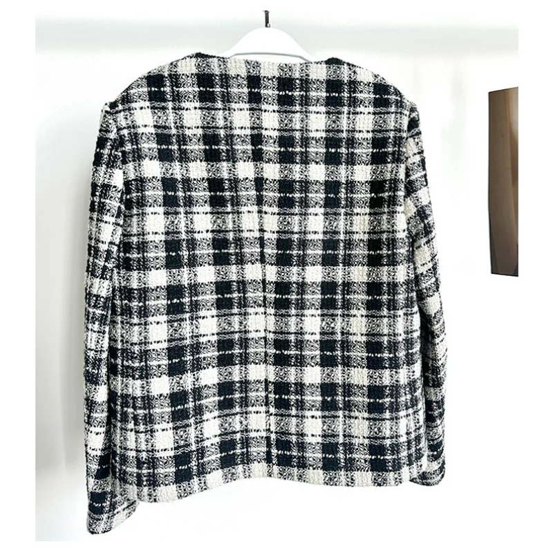 Повседневное Свободное пальто в мелкую французскую клетку черно-белое шерстяное