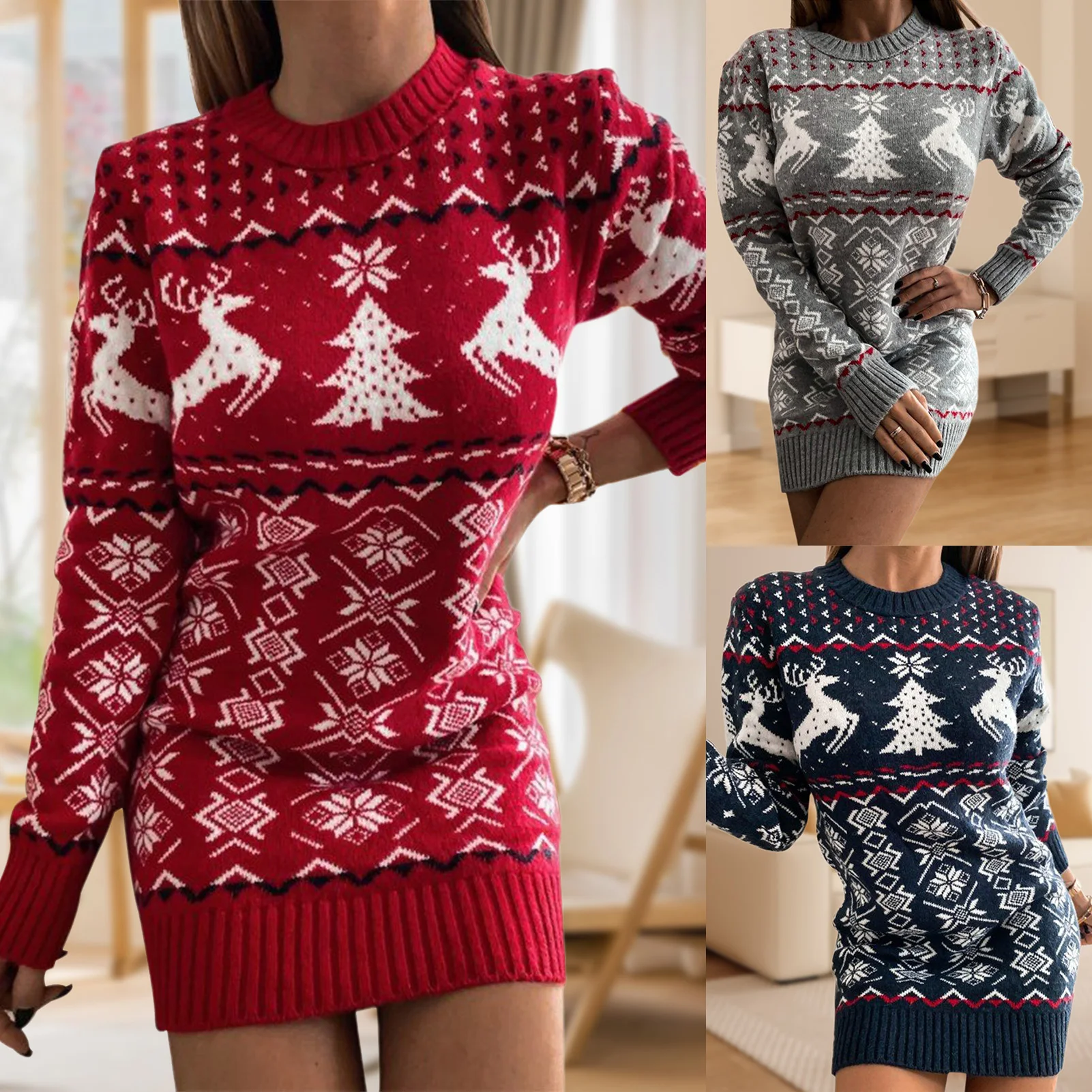 

Рождественское платье, женская зимняя осенняя одежда, вязаный пуловер с длинным рукавом, мини-платье, Новогодняя Рождественская одежда с оленем, Рождественская елка