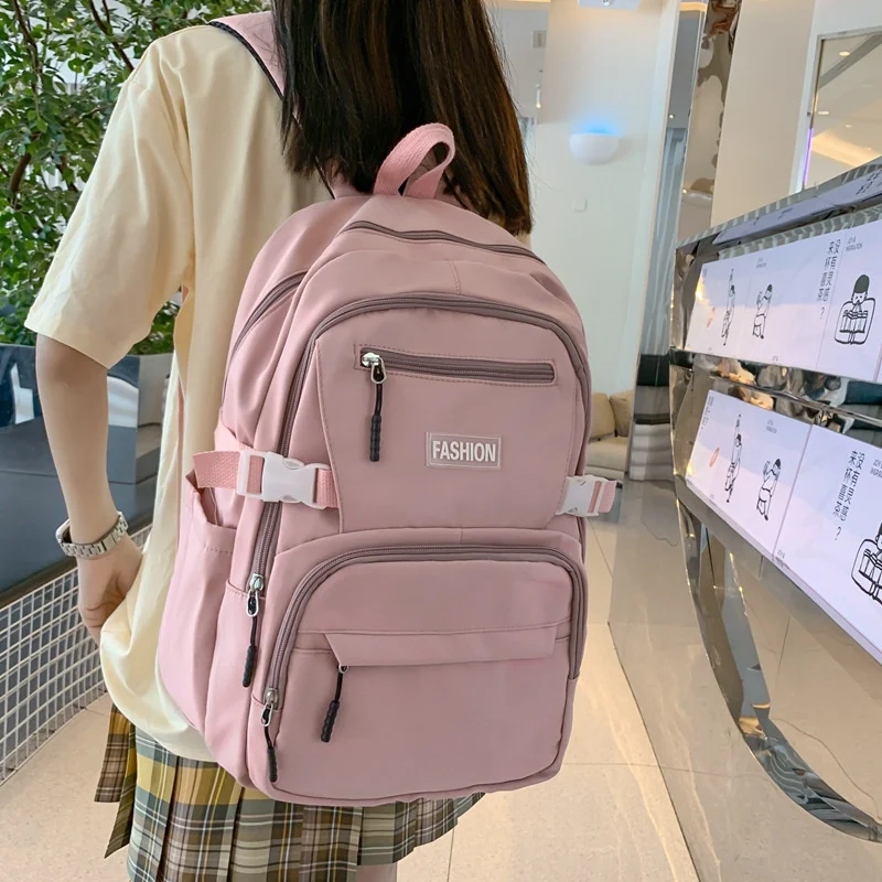 

New Fashion Women's Backpack Fashion Solid Color Backpack Teenage Girls School Shoulder Bag Waterproof Nylon Bagpack