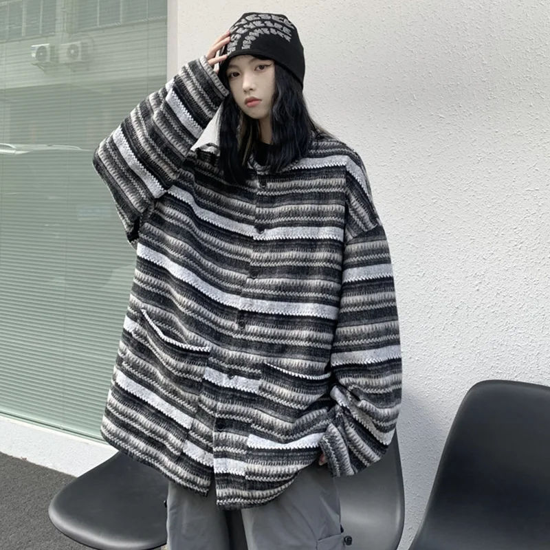 

Women's Fashion New Style Lazy Style Vintage Stripe Knitted Woolen Coat Temperament Versatile Top Cardigan Autumn and Winter