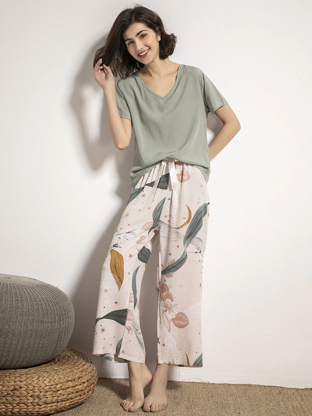 New Sleepwear Viscose Pajamas Set for Women Long Pants Short Sleeved Summer Spring Loungewear Fashion Home Clothing Homewear