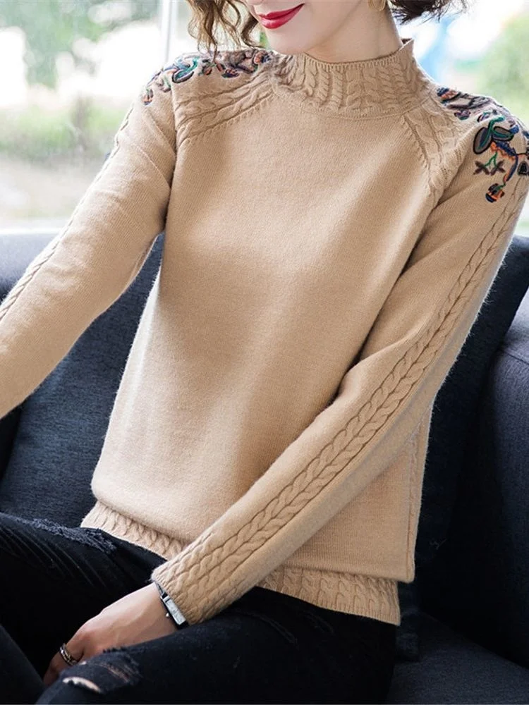 

Новинка 2023, корейский осенне-зимний женский облегающий свитер с высоким воротником, высококачественный вязаный пуловер в стиле ретро с вышивкой, базовый свитер ZY7021