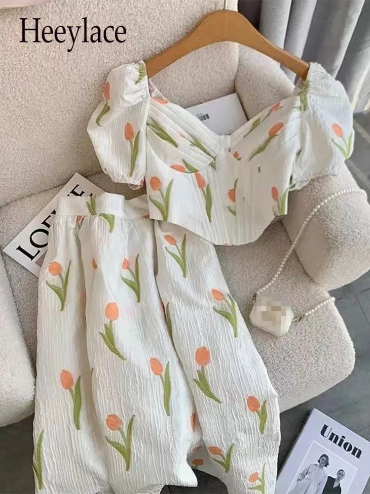 

Sweet Tulip Printed Two Piece Set Women French Sexy Jacquard Fishbone Corset Tube Top+Irregular Slit A-line Skirt Suits Female