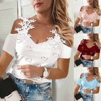 women fashion v neck lace patchwork cold shoulder t shirt casual slim elastic short sleeve top lady pullover tees