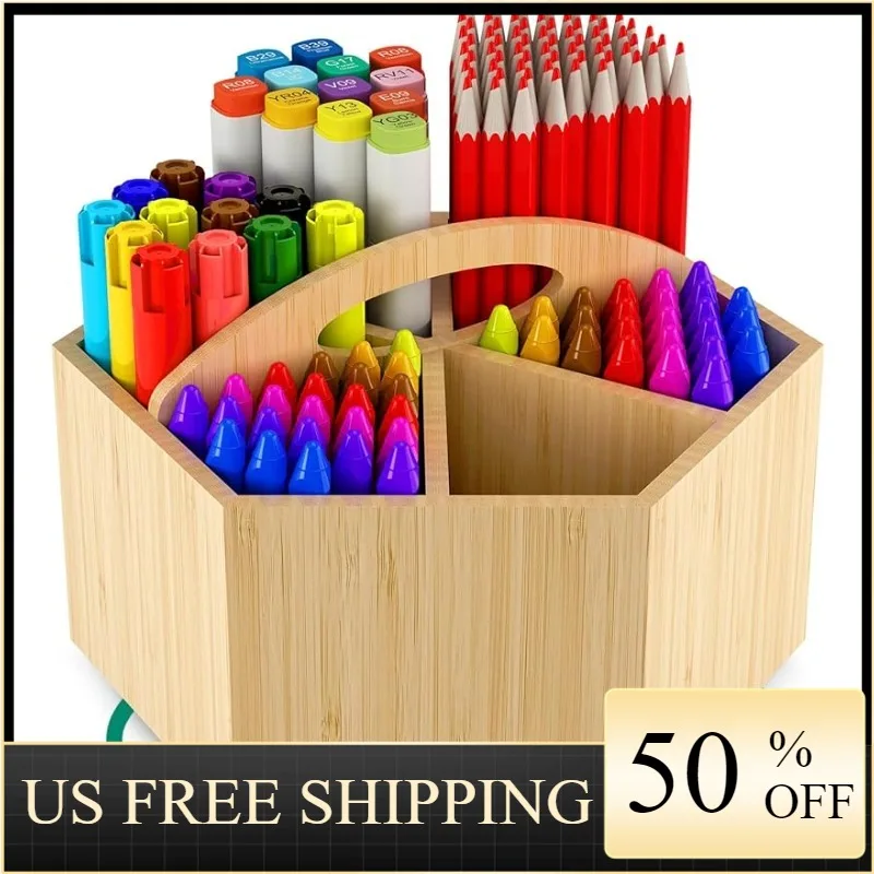 

Bamboo 360° Colored Pen Pencil Holder Organizer - Darfoo Spinning Art Supply Organizer for Desk with 6 Large Compartment