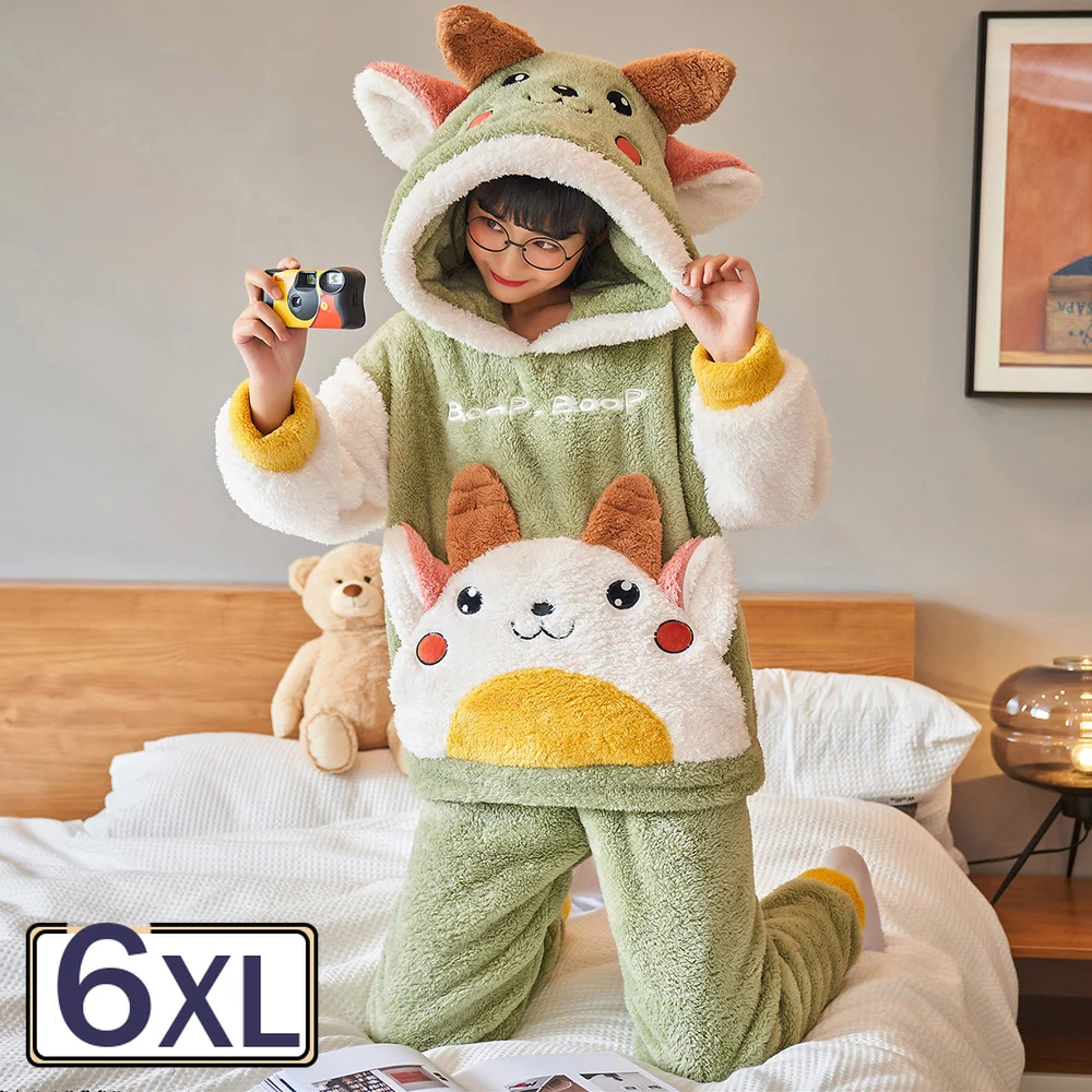 

Female Winter Set Long Flannel Cute Cartton Large Size 6XL Women Warm Funny Room Wear Ladies Hood Plush Pyjamas Kigurumi Adults