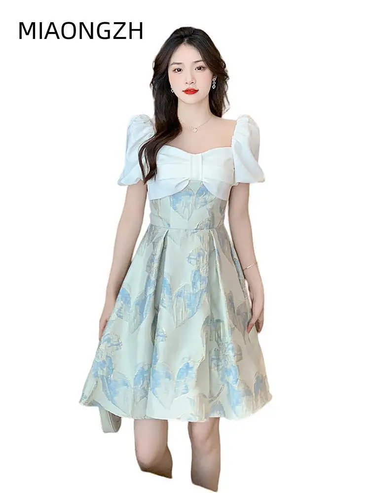 

Elegant For Women Chiffon Dresses Puff Sleeve Slim Fit Mini New In Print Bow Zippers Female Clothing High Waist Fashion Skirt