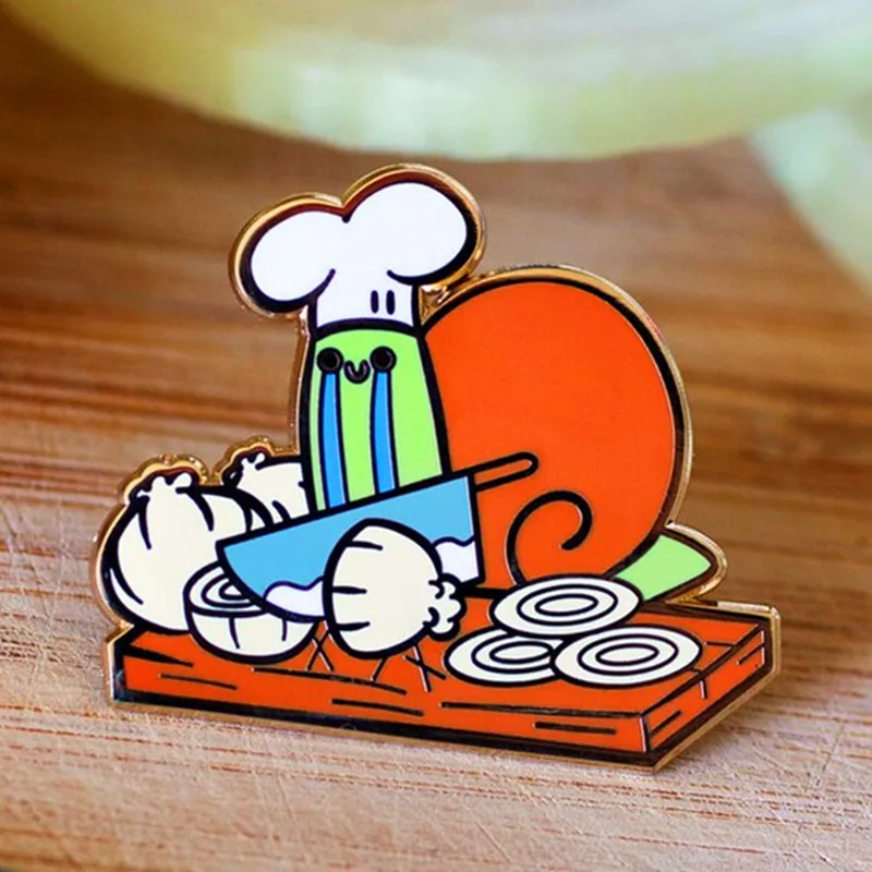 Kawaii Snail Chef Crying Onion Chopping Brooch Metal Badge Lapel Pin Jacket Jeans Fashion Jewelry Accessories Gift