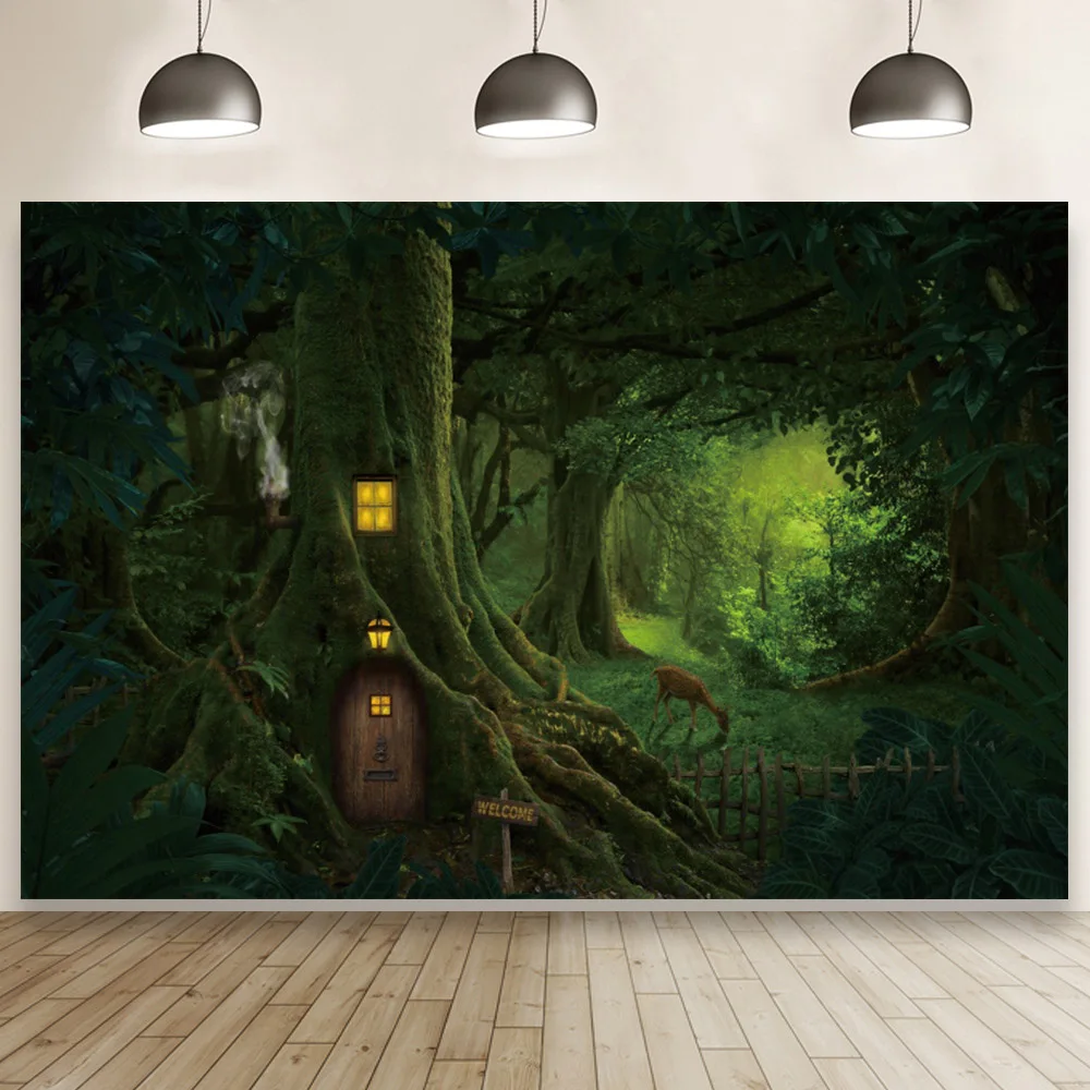 

Фон для детской студийвечерние съемки с изображением зеленого леса оленя танцующих светлячков в ночное время