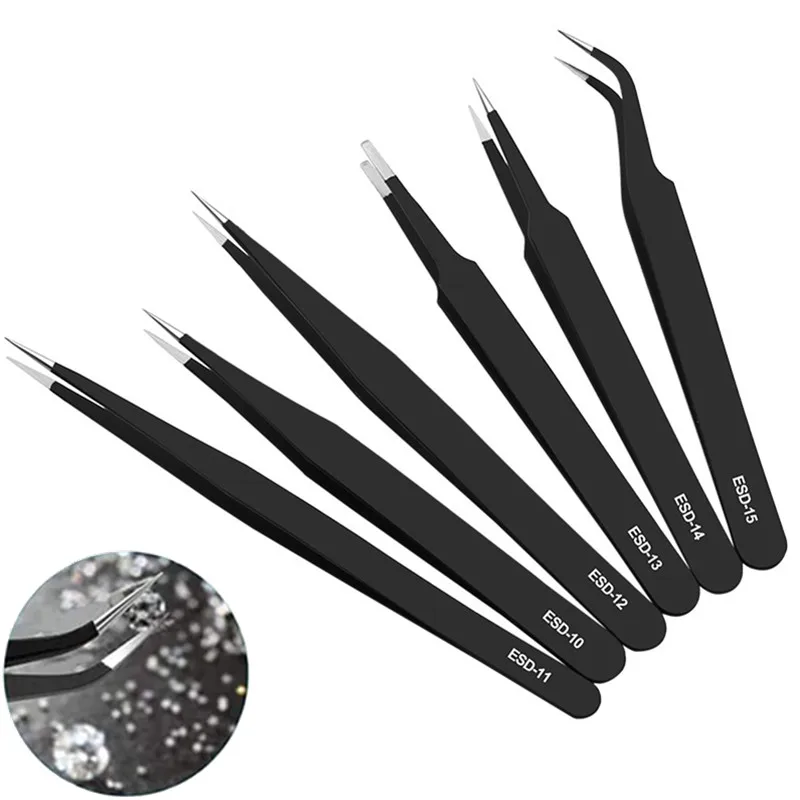 

ESD Sodlering Anti-Static Tweezers Stainless Steel Curved Tools Craft Tweezers Repair Precision Jewelry Electronics Industrial