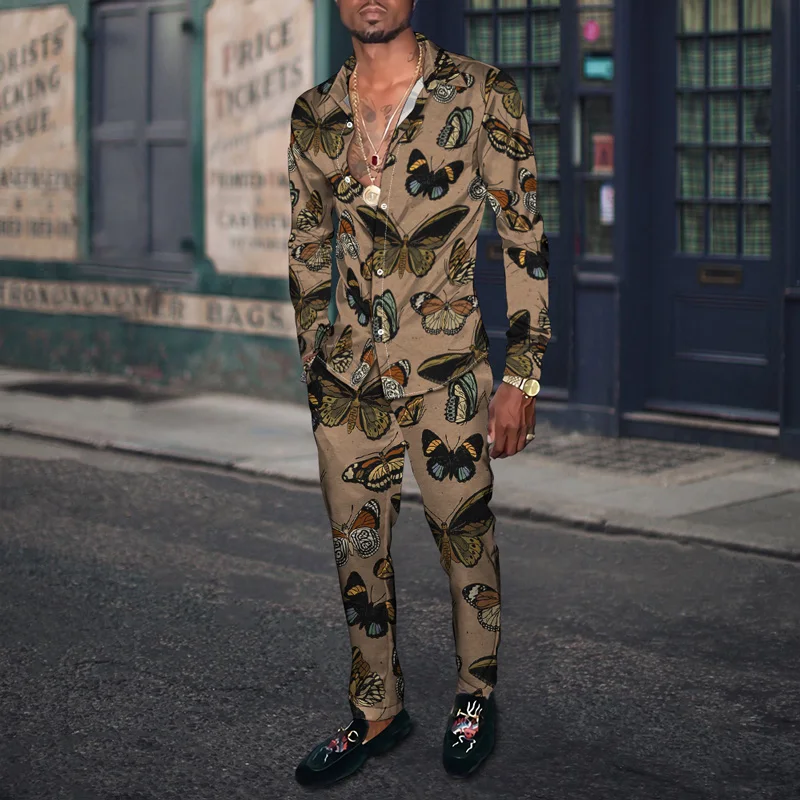 Spring Autumn Men Party Dress Shirt + Pants Fashion Animals 3D Element Harajuku Cardigan Slacks S-4XL Oversized Men's Clothes