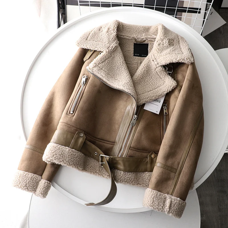 

New Winter Female Pu Fake Lamb Leather Jacket with Belt Streetwear Suede Turndown Thick Collar Warm Coat Black Outfear