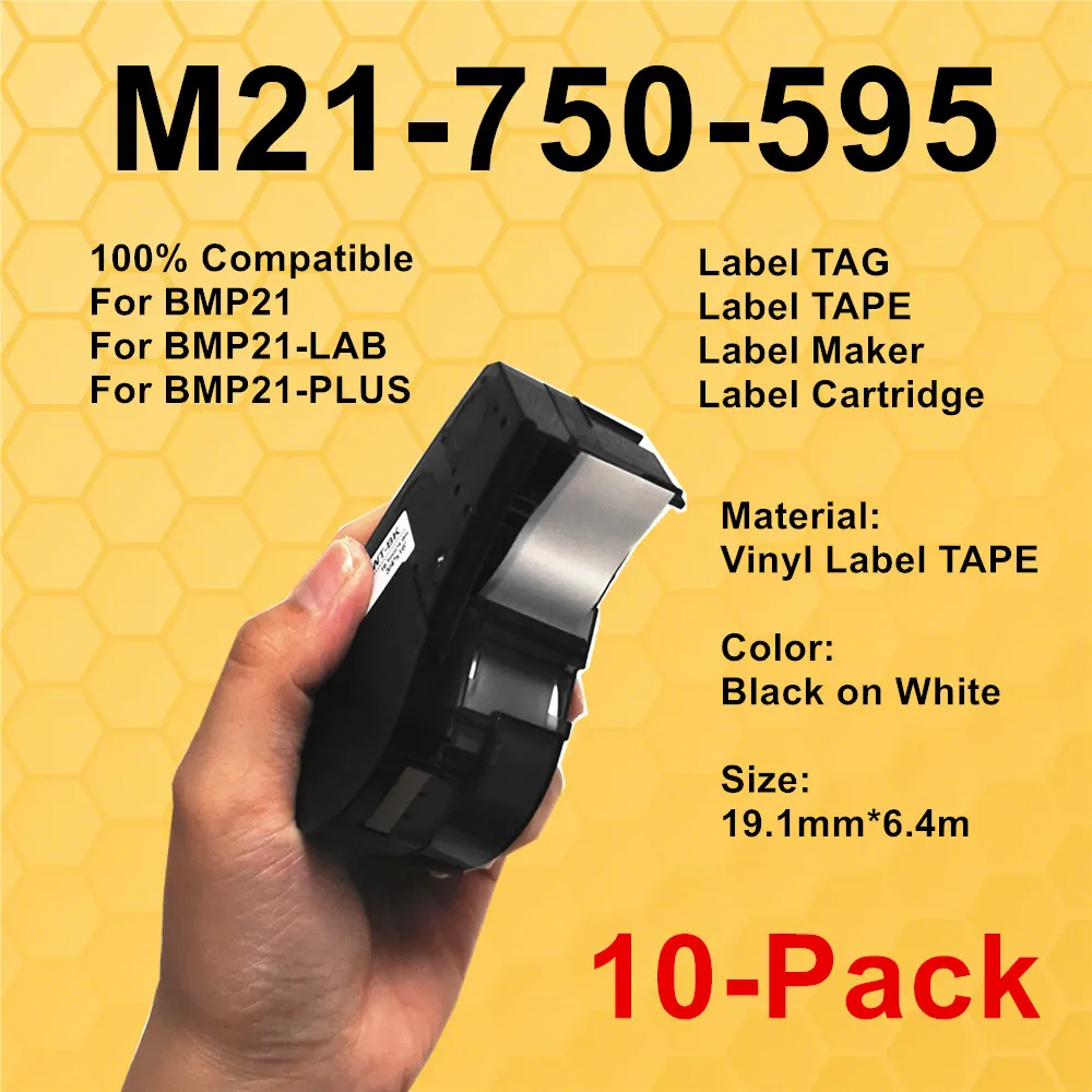 

1~10PK BMP21 Label Tape M21-750-595 Ribbon Black on White Label Maker USE For BMP21-PLUS,BMP21 LAB,IDPAL,LABPAL Label Printer