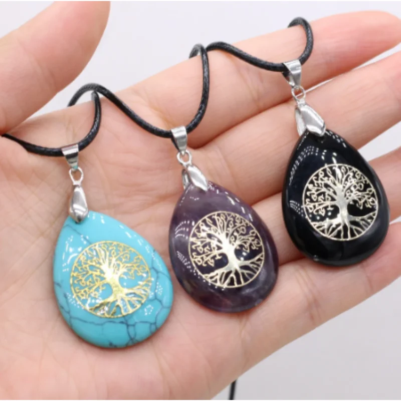 Natural Semi-precious Stone Teardrop Pendant Necklace 40+5cm Tree of Life Tiger Eye Stone Alloy Fashion Pendant Jewelry Gift