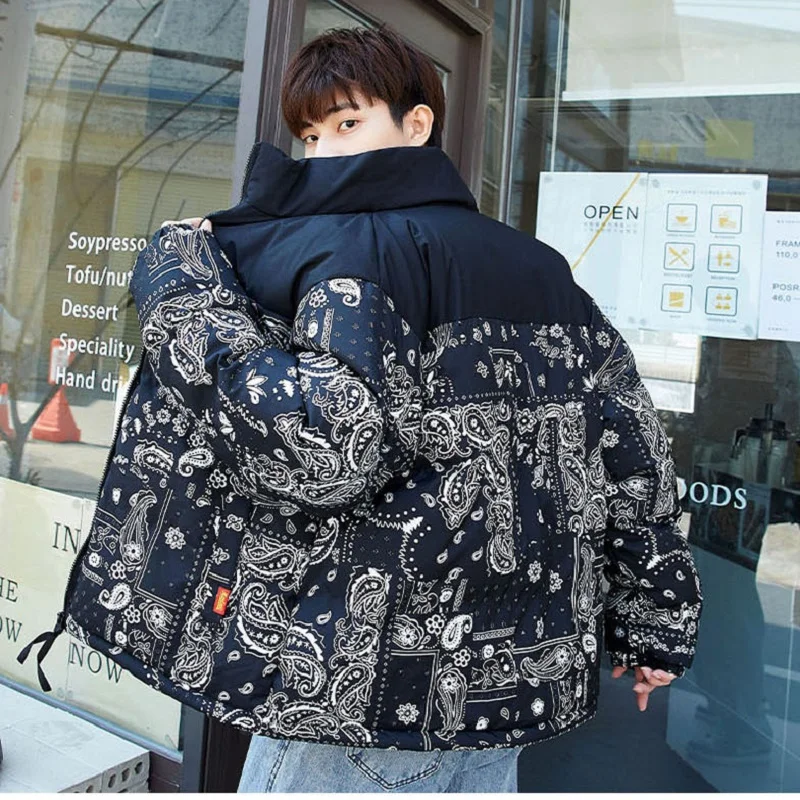 Cashew Flower Stitching Winter Jacket Men's Fashion Thicken Short Warm Jacket Trend All-match Cotton Jacket Mens Winter Clothing