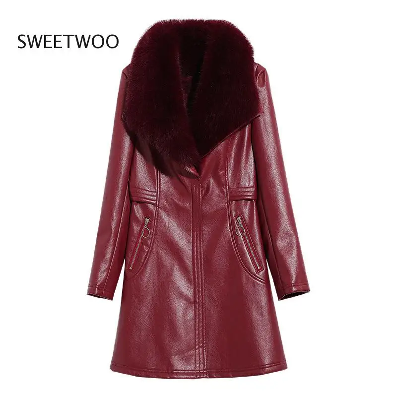 Autumn Winter Women Pu Leather Jacket Mid-Long Thickening Black Jacket Faux Fur-Neck Warm Coat Motorcycle Outwear Overcoat images - 6