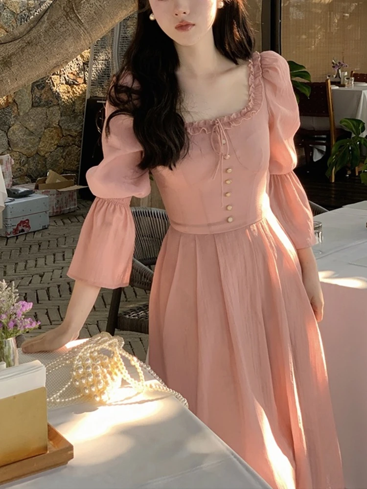 

Женское офисное платье средней длины, элегантное однотонное платье в Корейском стиле, французское милое розовое платье, лето 2023