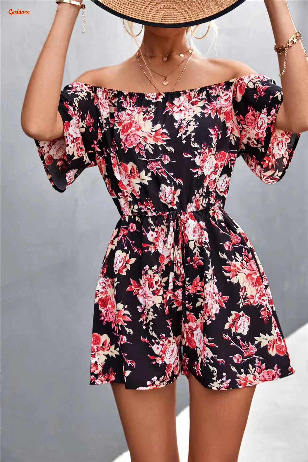 GODDESS Summer Ladies Print Off Shoulder Short Sleeve Jumpsuit Sexy Print Lace Up Women Jumpsuit Fashion Sweet Ladies Clothes