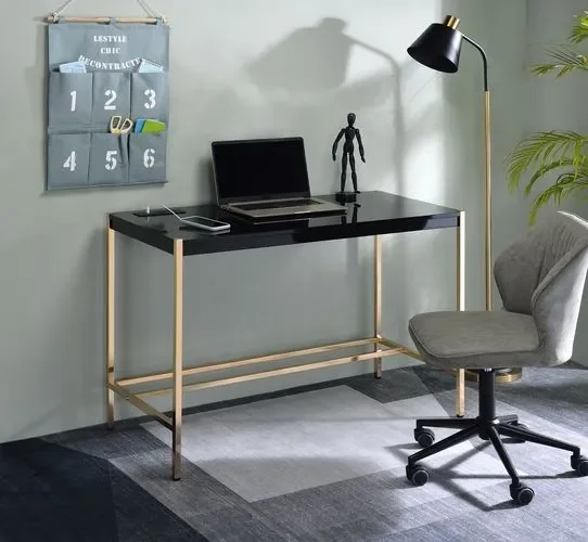 

Writing Desk w/USB Port in Black & Gold Finish