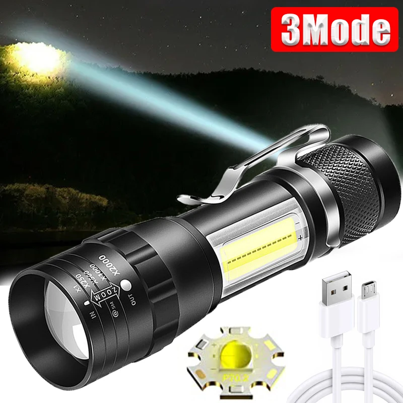 

Mini Rechargeable LED Flashlight COB+XPE Portable Torch Camping Lantern Zoomable Focus Light Tactical Flashlight with Pen Clip