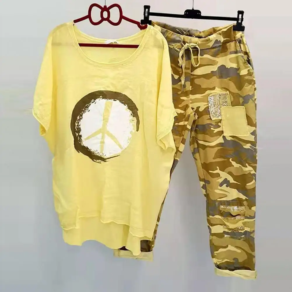 

1 Set Stylish Women Outfit Female T-shirt Pants Camo Print Crew Neck Asymmetrical Top Pants Pockets