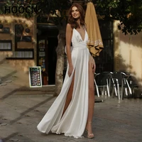 herburnl simple wedding dress v neck spaghetti straps bow satin summer high slit bride elegant fashion new robe de mari%c3%a9e