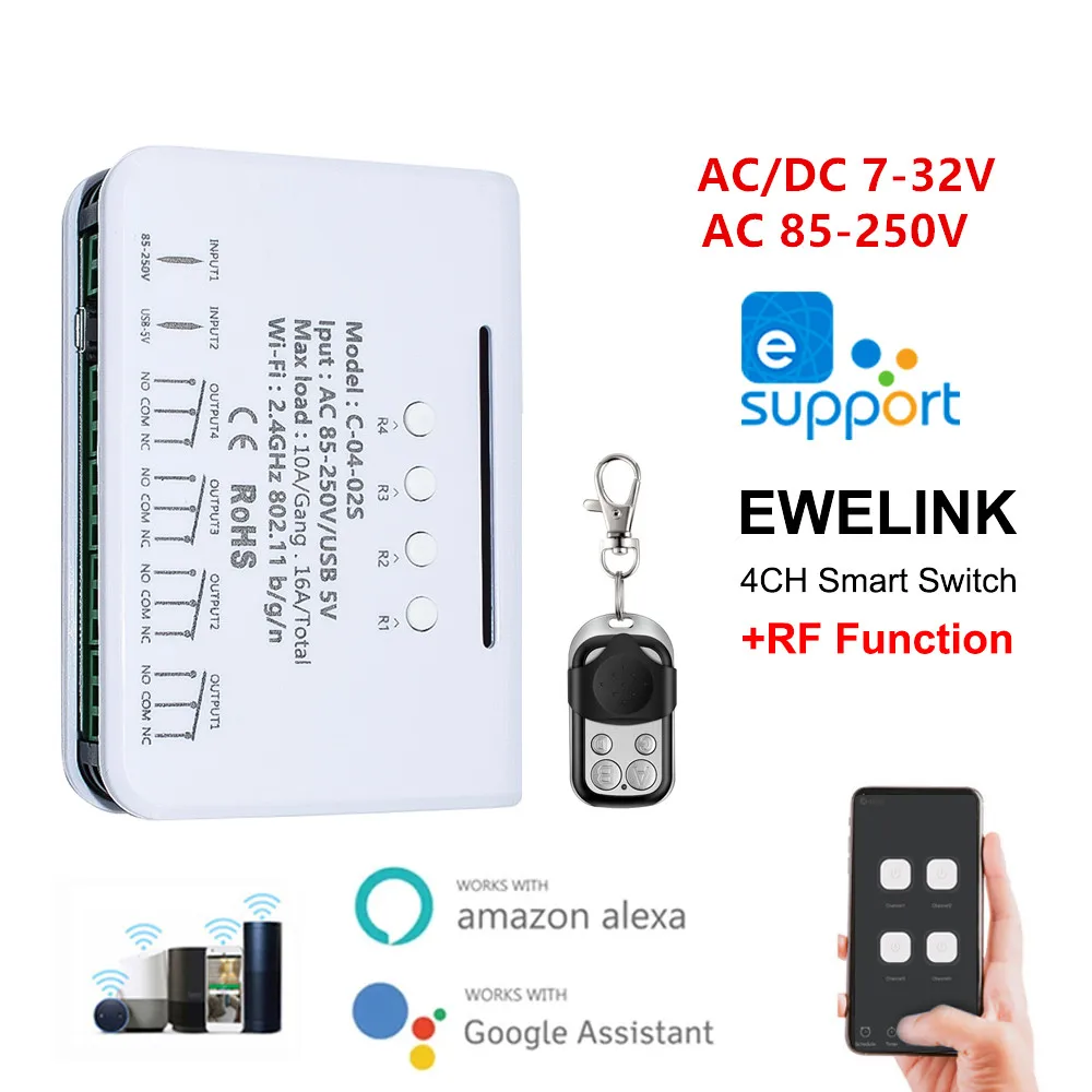 

Ewelink 4CH Wifi Smart Light Switch Module APP Remote Control 12V 220V 24V RF Receiver Relay Board Работа с Alexa Google Home