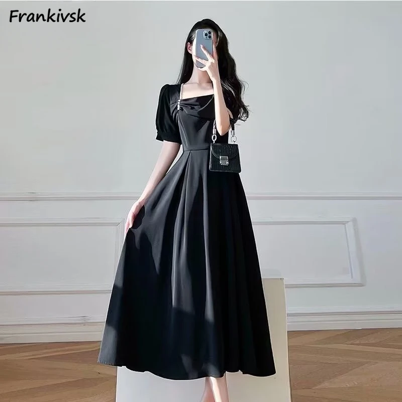 

Puff Sleeve Dresses Women Spring Summer Hepburn Beading Square Collar High Waist Daily Office Lady Korean Style Stylish Slouchy