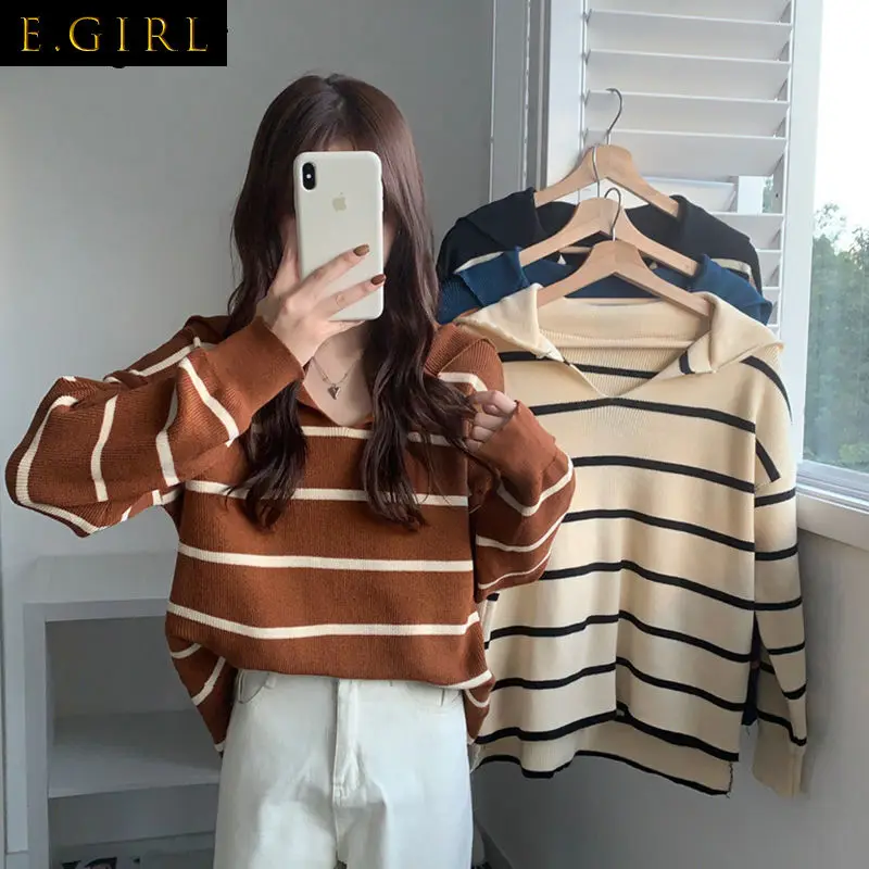 Pullovers Women Striped Loose Ulzzang Fashion Sailor Collar Students All-match Cozy Leisure Popular Slouchy Knitting Sweaters