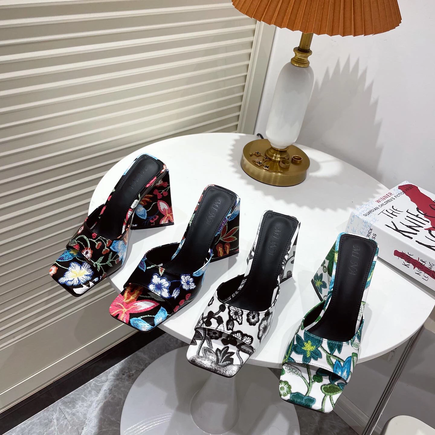 Xibeilove Women's New Slippers Fashion Square Head Color Print Small High Heel Sandals Coarse Heels for Summer Outwear