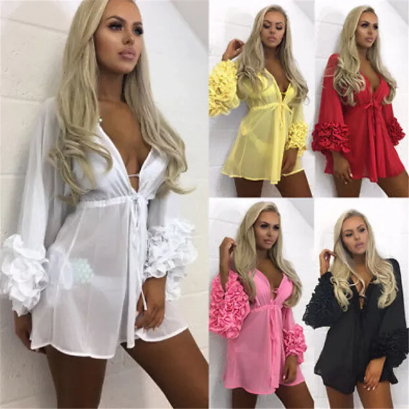 

2020 Women Sexy Beach Cover-up Long Puff Sleeve Covers up Bathing Suit Summer Beach Wear Pareo Swimwear Mesh Beach Dress Tunic