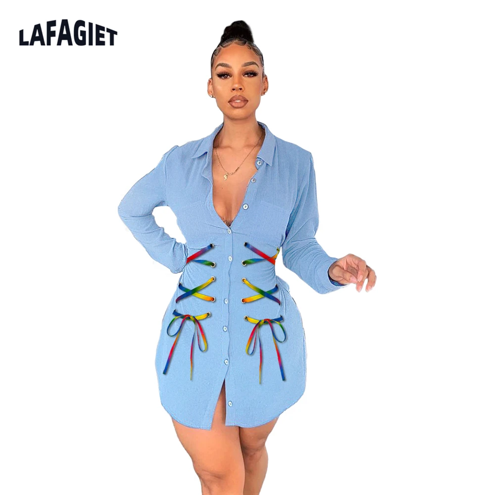 

2022 Spring Autumn Ins Rainbow Drawstring Lace Up Single Breasted Long Sleeve Turn-down Neck Shirt Style Dress Women Fashion Top