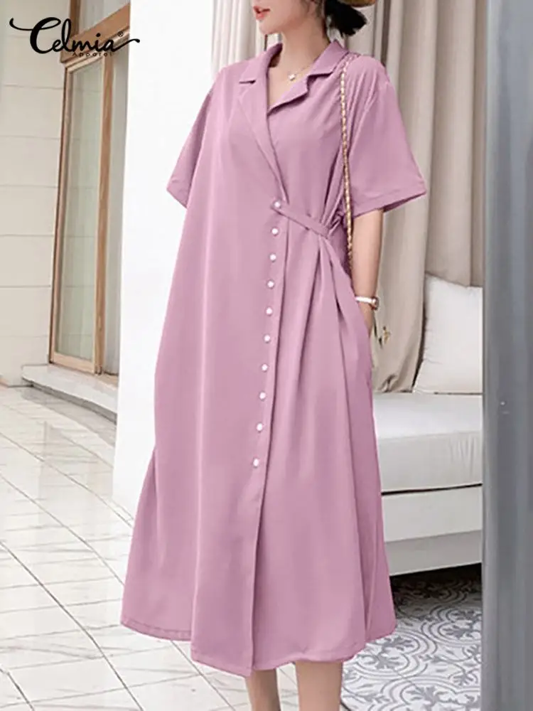 

Celmia летнее платье-рубашка с одной грудью, повседневное свободное женское элегантное платье миди с воротником-костюмом, женское свободное к...