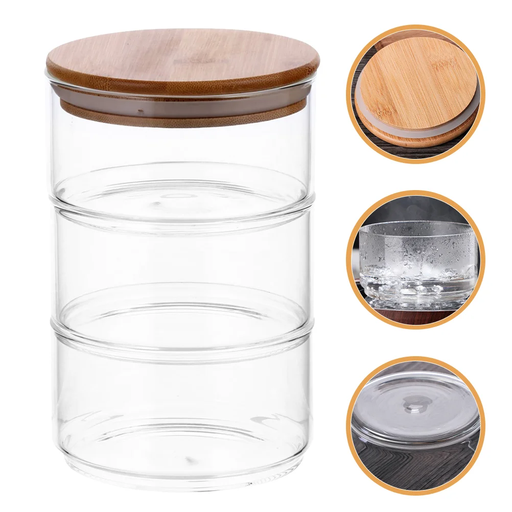 

Three Layer Storage Tank Glass Salad Bowls Baby Food Containers Home Serving Entertaining Jars Bamboo Lid Fruit Dish