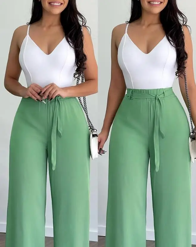 

Топ без рукавов с V-образным вырезом и брюки с широкими штанинами, Повседневная модная уличная одежда, Новинка лета 2023, Женский комплект из двух предметов OTTD