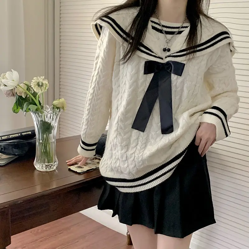 

Sailor Collar Sweater Kawaii Long Sleeve Jumpers Korean Style 2022 Casual Vintage Knitwear Lazy Oaf College Clothes