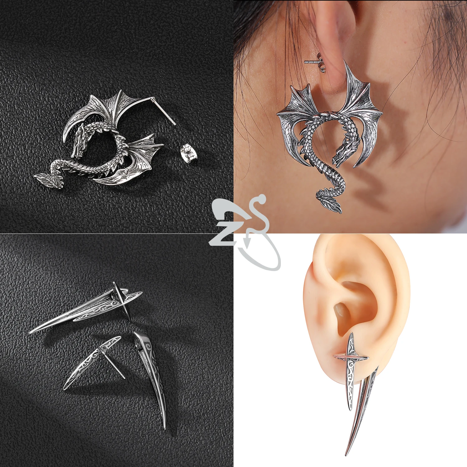Серьги-гвоздики ZS из нержавеющей стали с драконом для мужчин и женщин готические