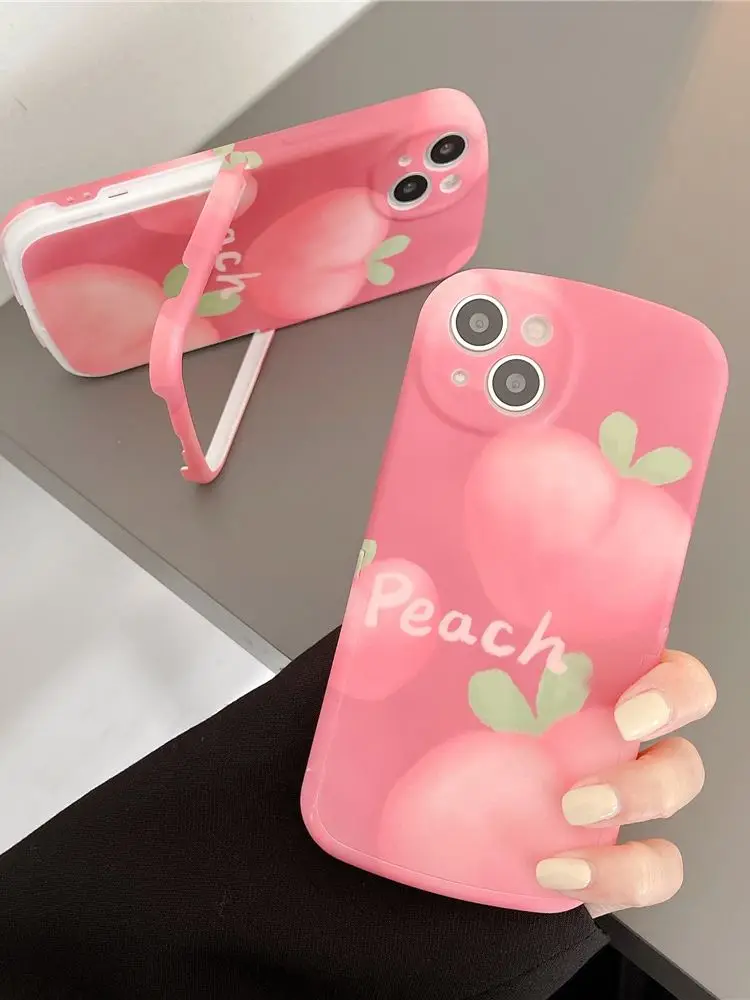 

13 Pro Case Cute Peach Fruit Kickstand Grip Tok Phone Holder Cover for iPhone 11 12 13 Pro Max XR X XS Liquid Silicon 2in1 Cases