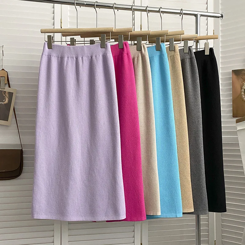 

Elastic High-Waisted Candy-Color Knitted Skirt Korean Version All-Match A-Line Casual Style Half Skirts Dropshipping
