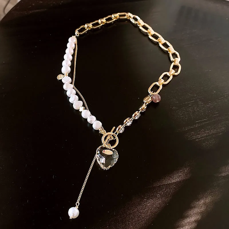 

Minar Exaggerated Freshwater Pearl Pendant Necklaces for Women Sparkly Rhinestones Heart Asymmetry Link Chain Choker Necklace