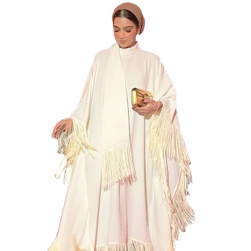 African Dresses for Women Elegant Tassel African Women Clothing Muslim Abaya Loose Long Evening Maxi Dresses White Dress