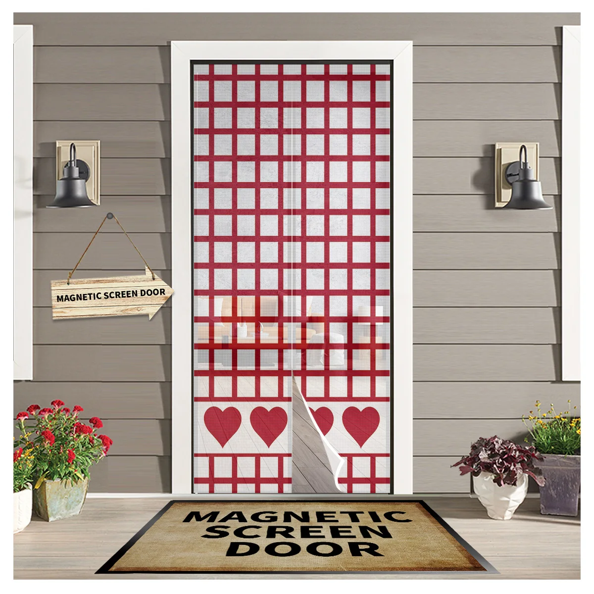 

Valentine'S Day Red Heart Plaid Magnetic Net Door Screen Mesh Automatic Closing Anti Mosquito Insect Door Curtain