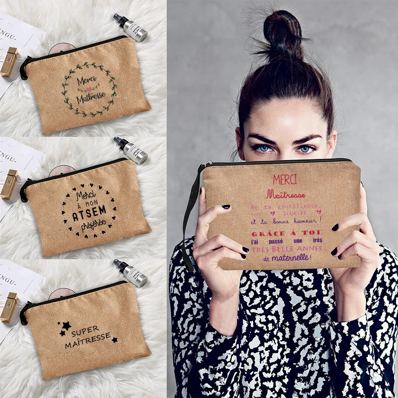 

Thank You Mistress Cosmetic Bag Women Neceser Makeup Bag Linen Zipper Teacher Storage Pouch Merci Maîtresse Gift for Teachers