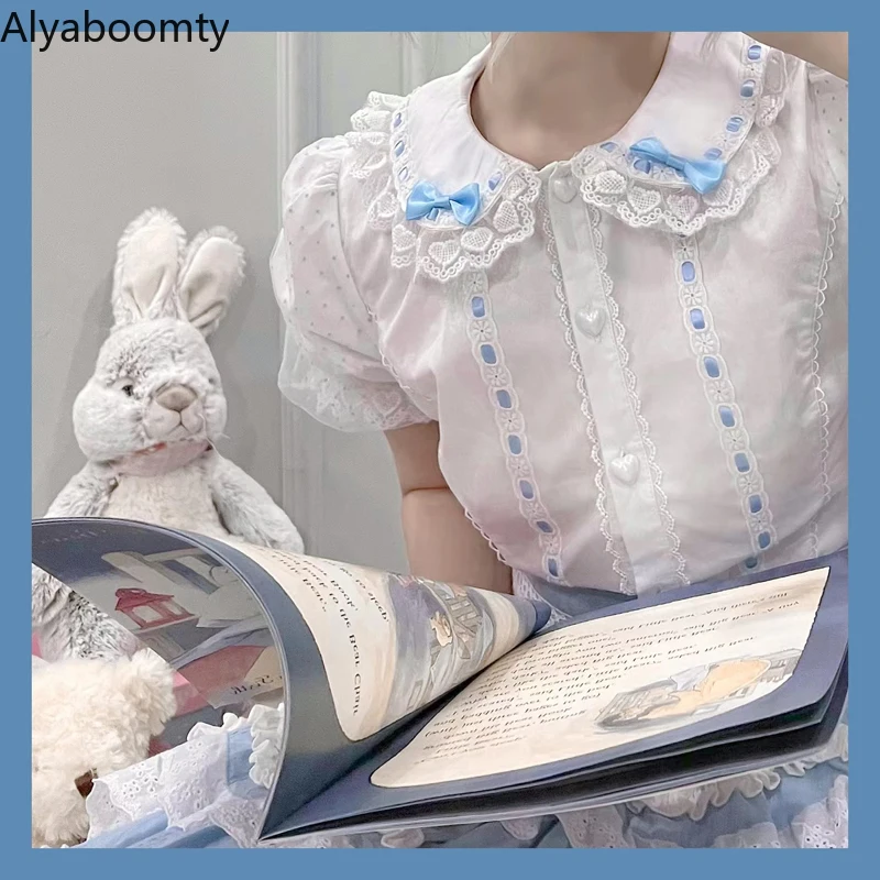 

2022 Summer Women Lolita Sweet JSK Blouse Peter Pan Collar Pink Blue Bow Lace Shirt Polka Dot Puff Sleeve Cute Kawaii Preppy Top