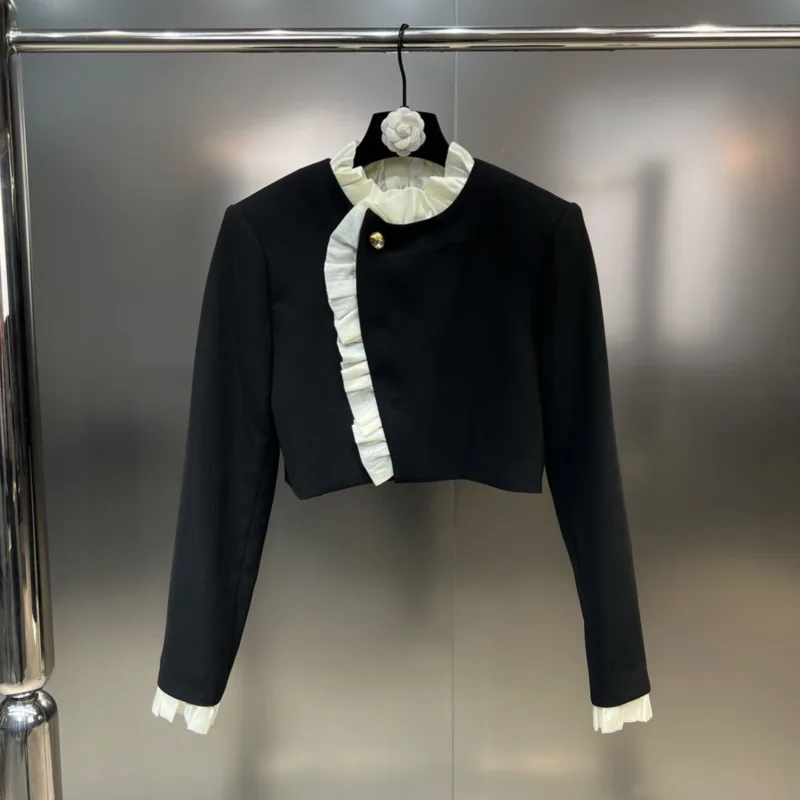 

BORVEMAYS черное пальто для женщин, темпераментная Лоскутная куртка с воротником-стойкой и оборками, универсальная осенняя куртка с длинным рукавом, новинка 2023, WZ5426