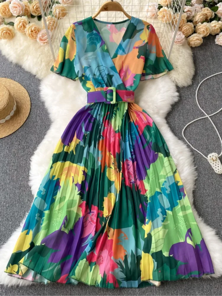 

Женское шифоновое платье с цветочным принтом, плиссированное пляжное платье с V-образным вырезом и поясом для отпуска, лето 2022