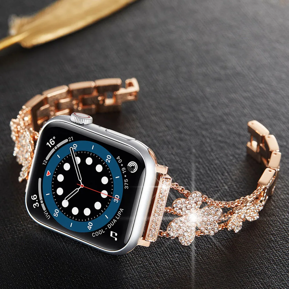 

Ремешок «клевер удачи» для женщин, металлический браслет для Apple Watch Series 7 6 SE 5 4 3 2 iWatch Band 44 мм 42 мм 40 мм 38 мм 41 мм 45 мм