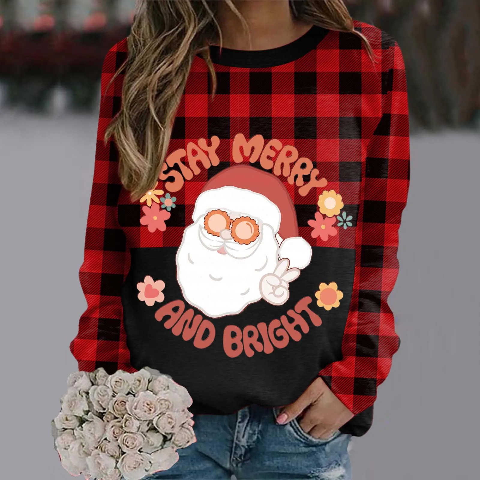 

Womens Christmas Sweatshirt Santa Stay Merry And Bright Print Shirt Long Sleeve Crewneck Casual Pullover Fall Tops Top